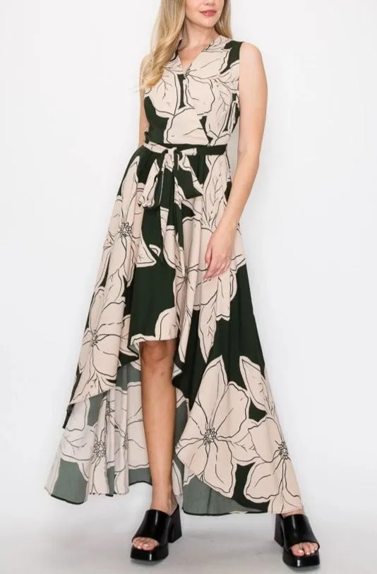 Forest Green & Tan Floral Print High Low Belted Dress