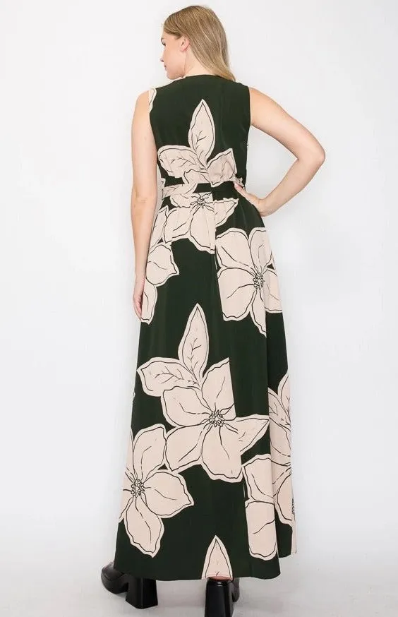 Forest Green & Tan Floral Print High Low Belted Dress