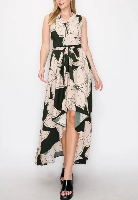 Forest Green & Tan Floral Print High Low Belted Dress