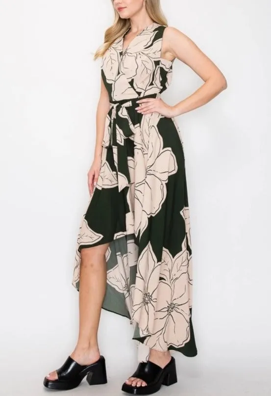 Forest Green & Tan Floral Print High Low Belted Dress