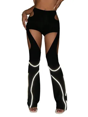 GORGLITTER Womens Sexy Rave Cut Out Pants Glowing Low Waist Flare Leg Y2K Pant Bottom Black Small