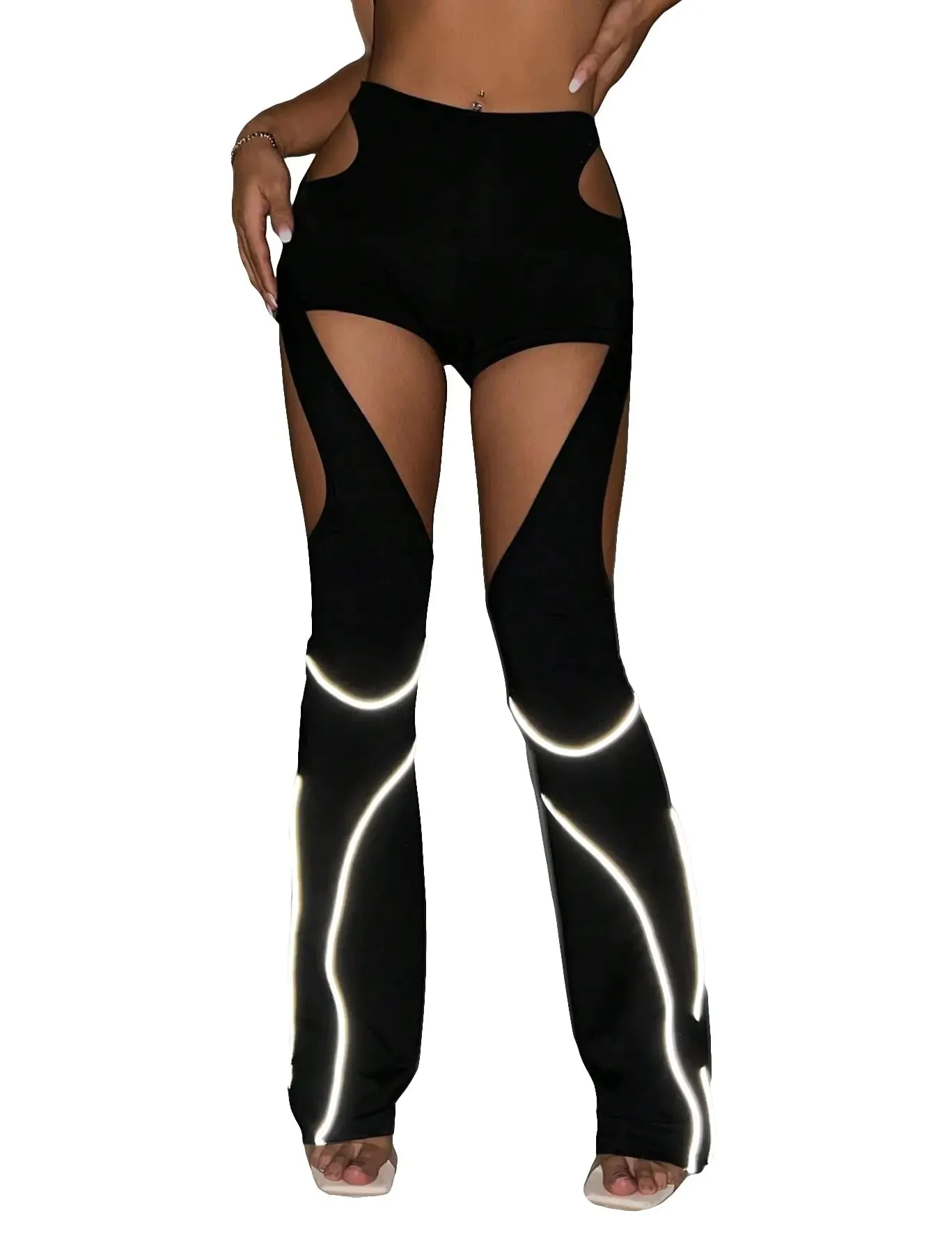 GORGLITTER Womens Sexy Rave Cut Out Pants Glowing Low Waist Flare Leg Y2K Pant Bottom Black Small