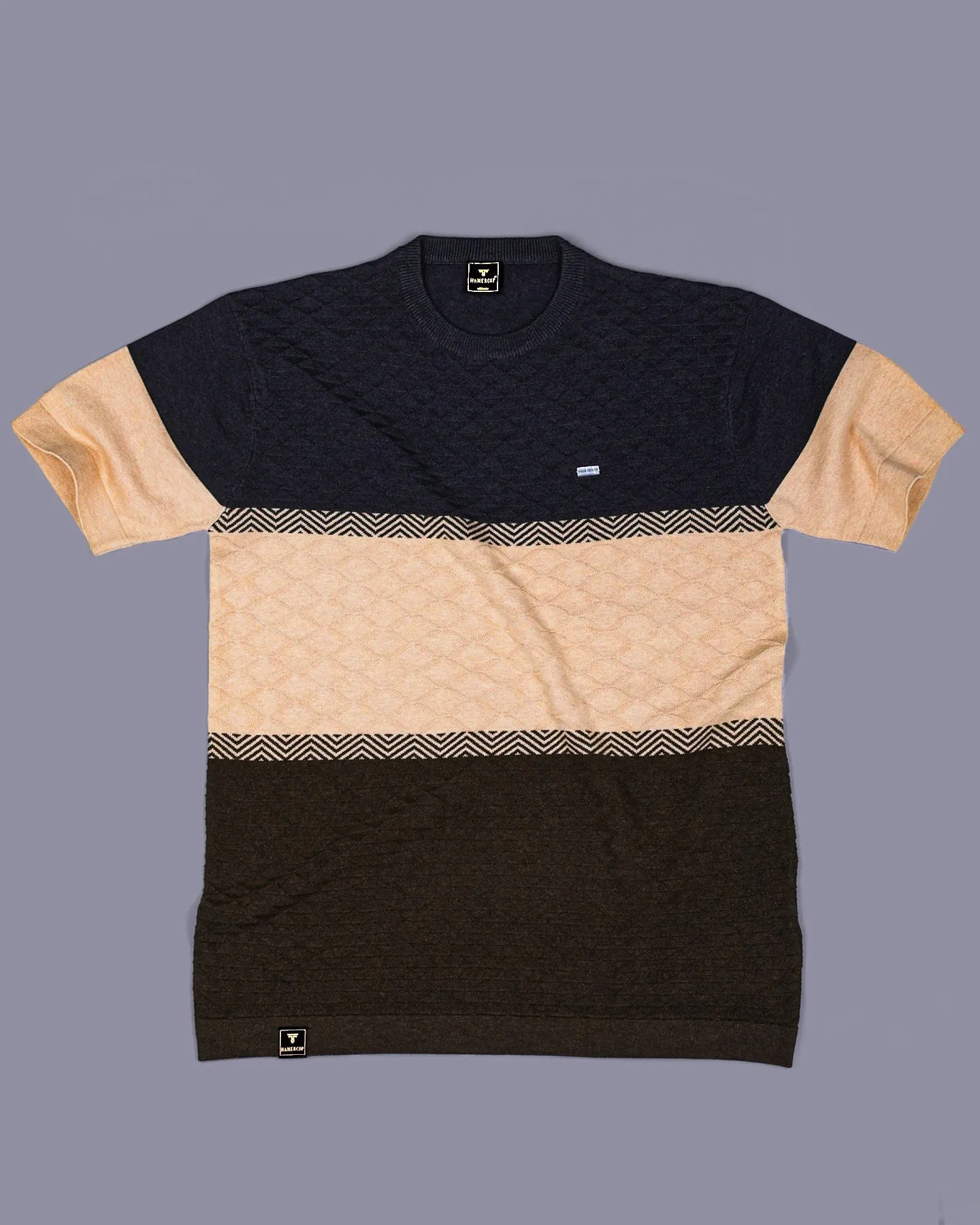Gray With Cream And Green Knitted Cotton Designer T-Shirt