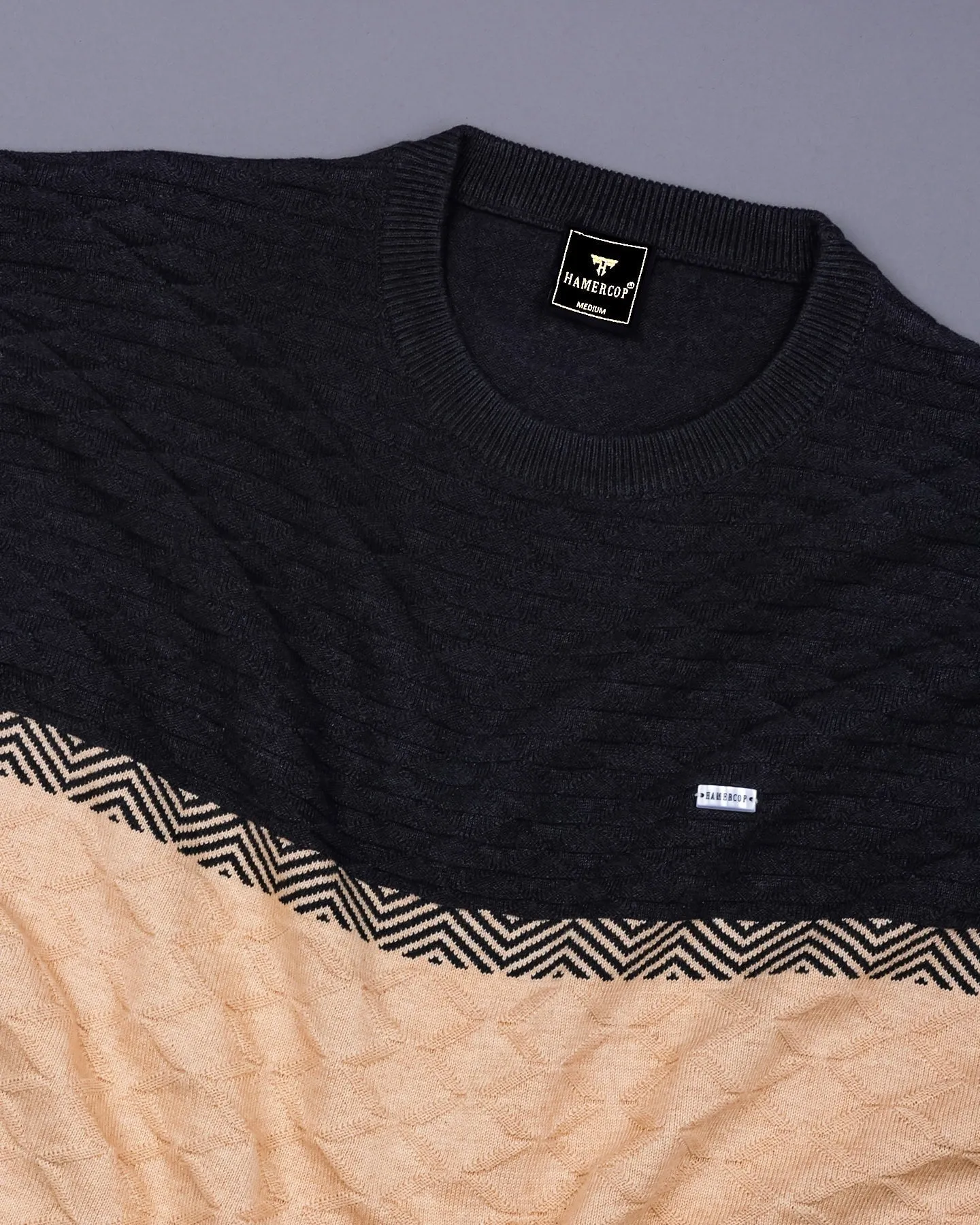 Gray With Cream And Green Knitted Cotton Designer T-Shirt