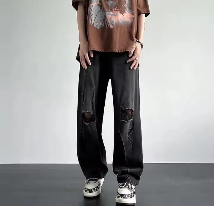 High Street Style Women's Jeans Loose Fit Straight Leg Trendy Vintage Distressed Trouser Casual Scene   S4936920