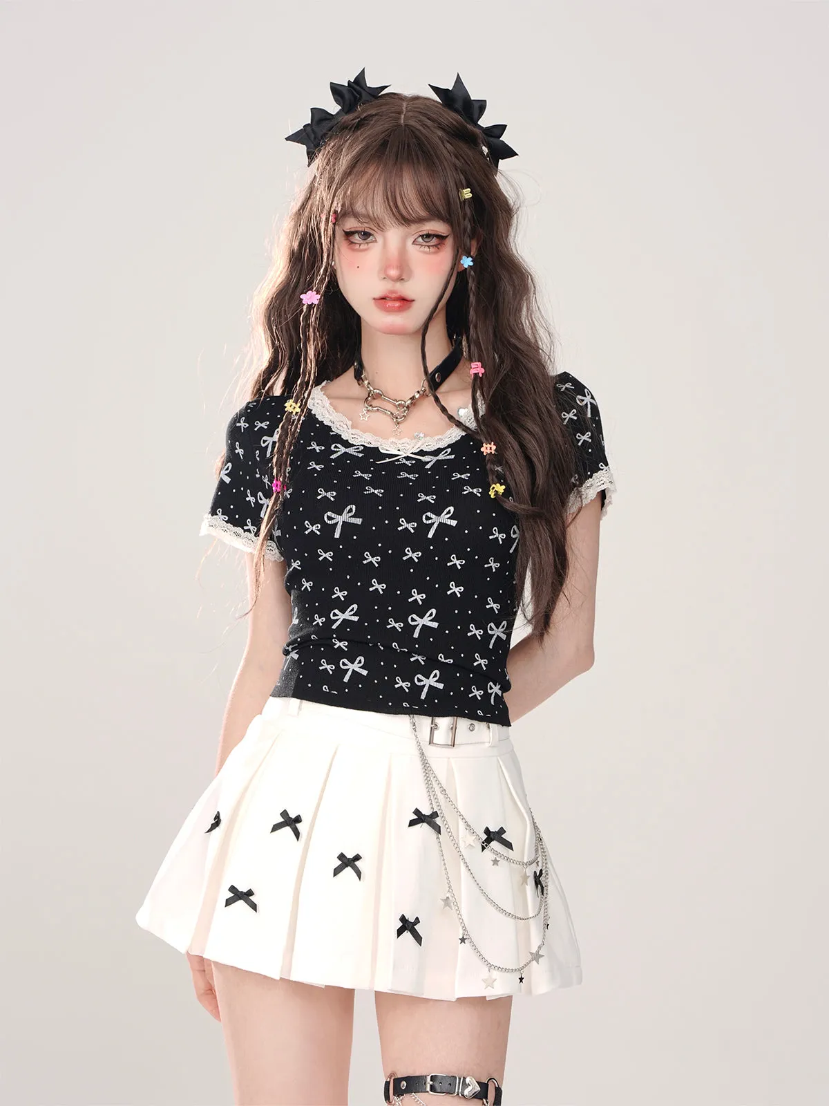Lace Ribbon T-Shirt Girly Slim