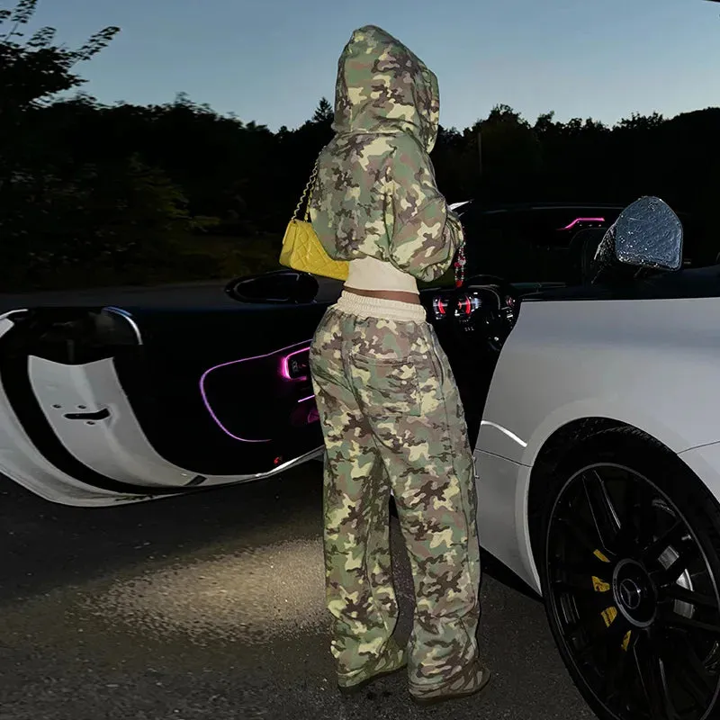 Loose Casual 2 Piece Set Full Sleeve Zipper Hooded Sweatshirt Top   Wide Leg Pants