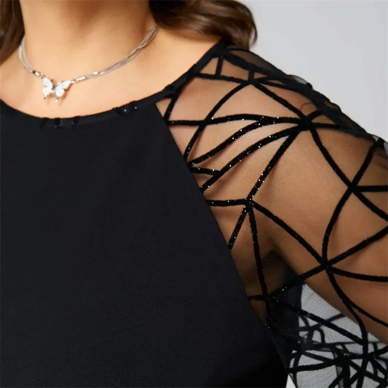 Loose Fit Black Tunic Dress with Mesh Sleeves