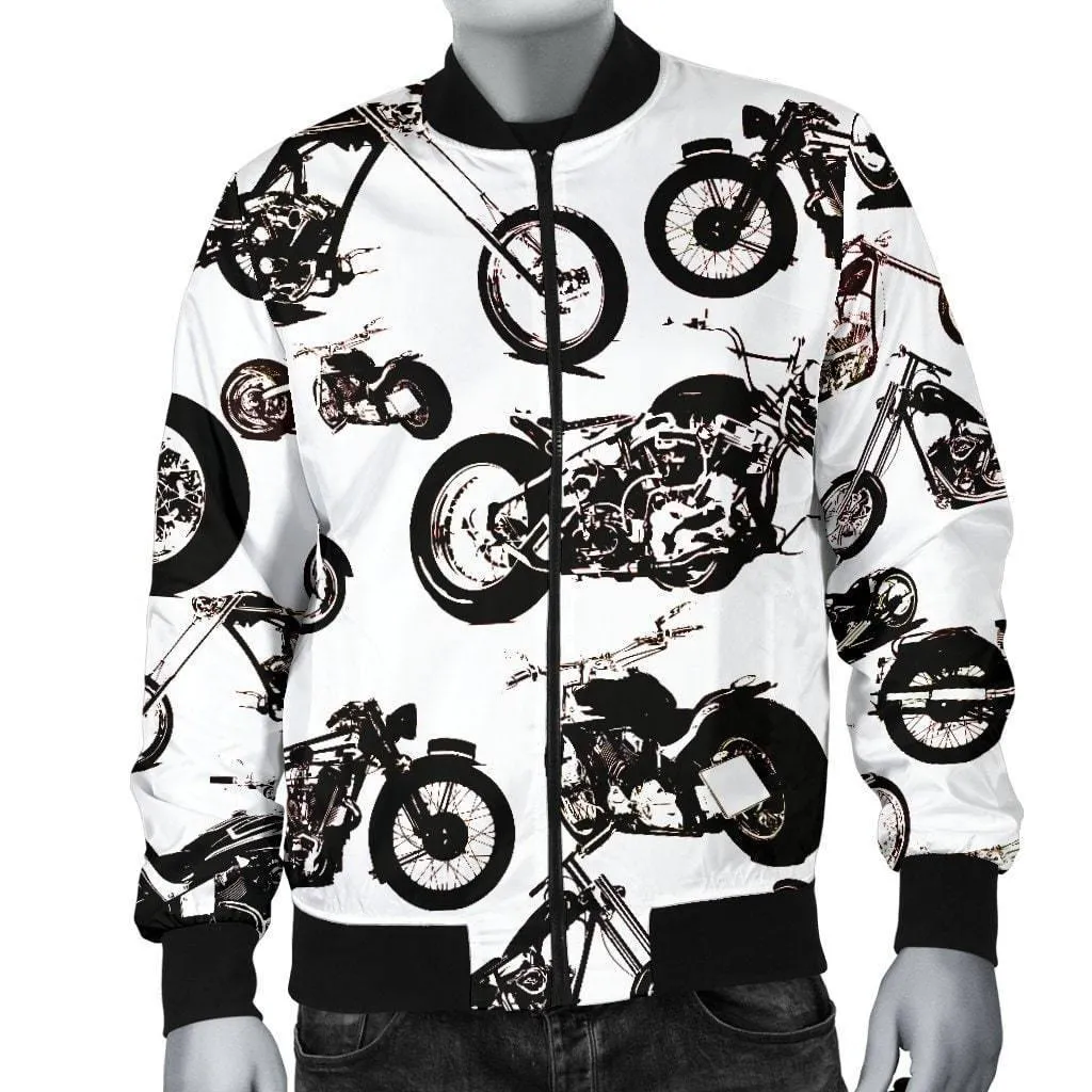 Men's Vector Bomber Motorcycle Jacket, Polyester, S-4XL, White with Black Motorcycle Print