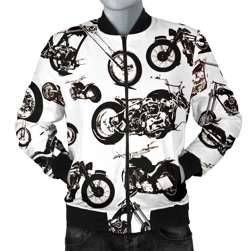 Men's Vector Bomber Motorcycle Jacket, Polyester, S-4XL, White with Black Motorcycle Print