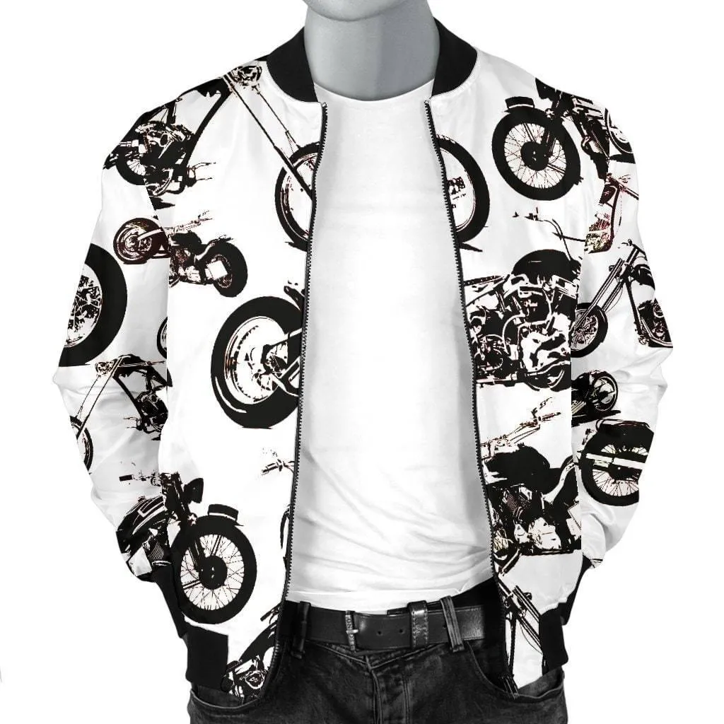 Men's Vector Bomber Motorcycle Jacket, Polyester, S-4XL, White with Black Motorcycle Print