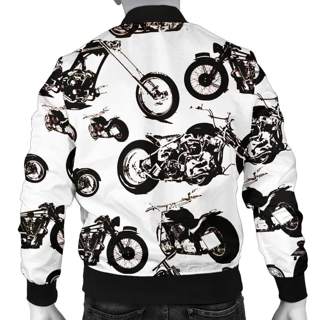Men's Vector Bomber Motorcycle Jacket, Polyester, S-4XL, White with Black Motorcycle Print