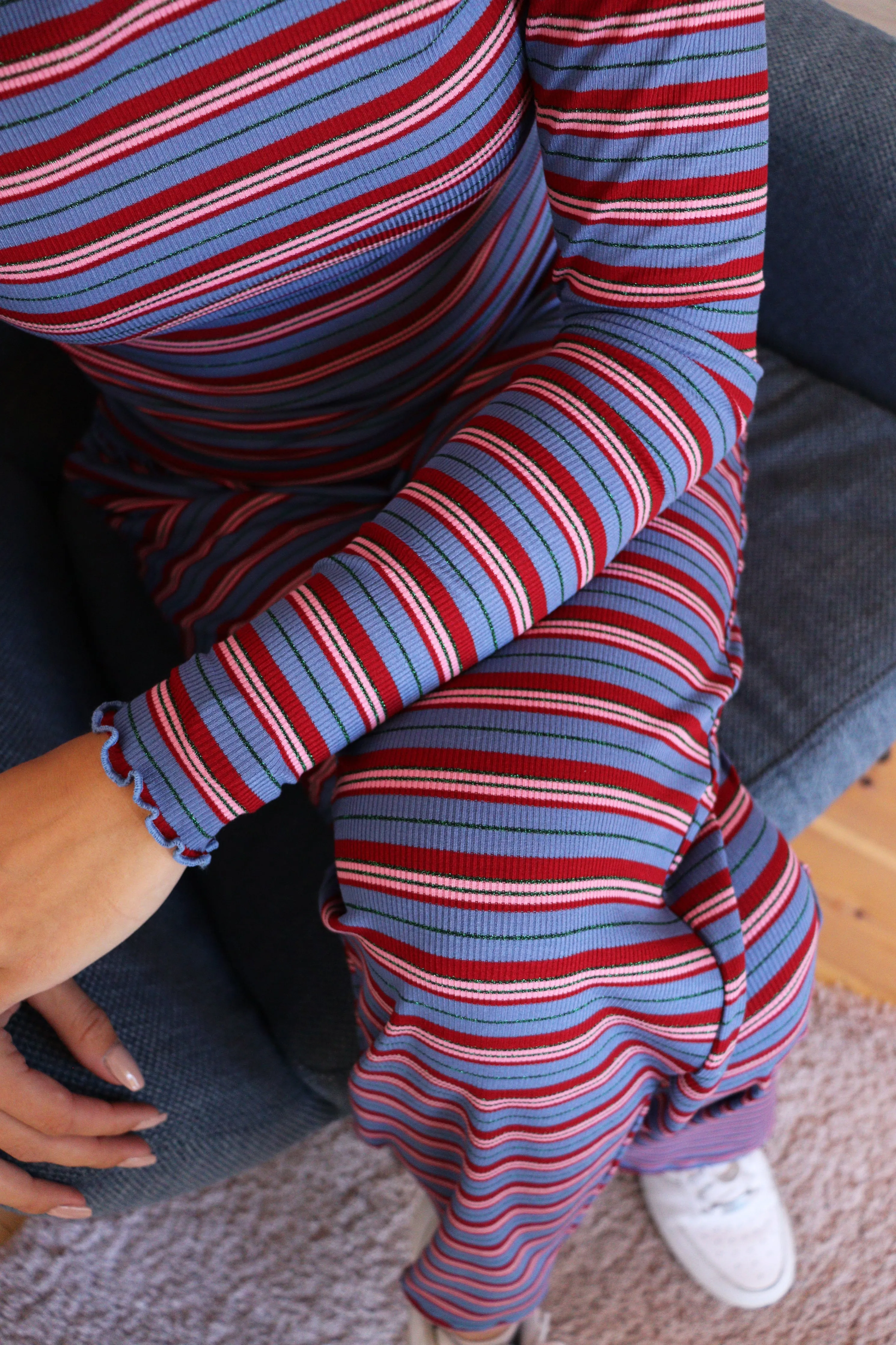 NATALIA LS ROUND NECK  BLOUSE - BLUE RED LUREX STRIPE