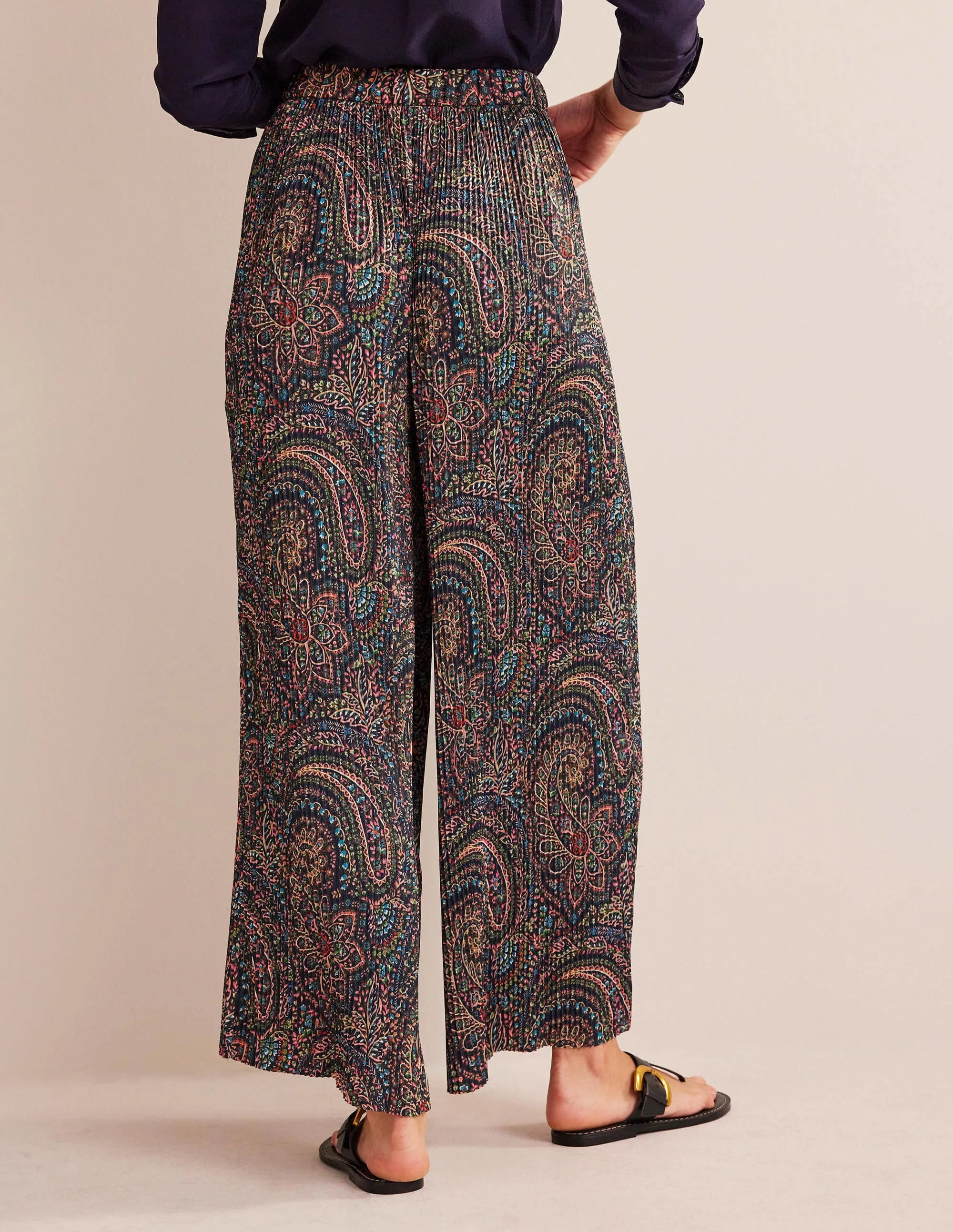 Plisse Satin Wide Leg Trousers-Light Navy, Palace