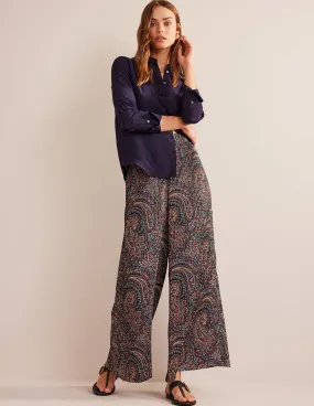 Plisse Satin Wide Leg Trousers-Light Navy, Palace