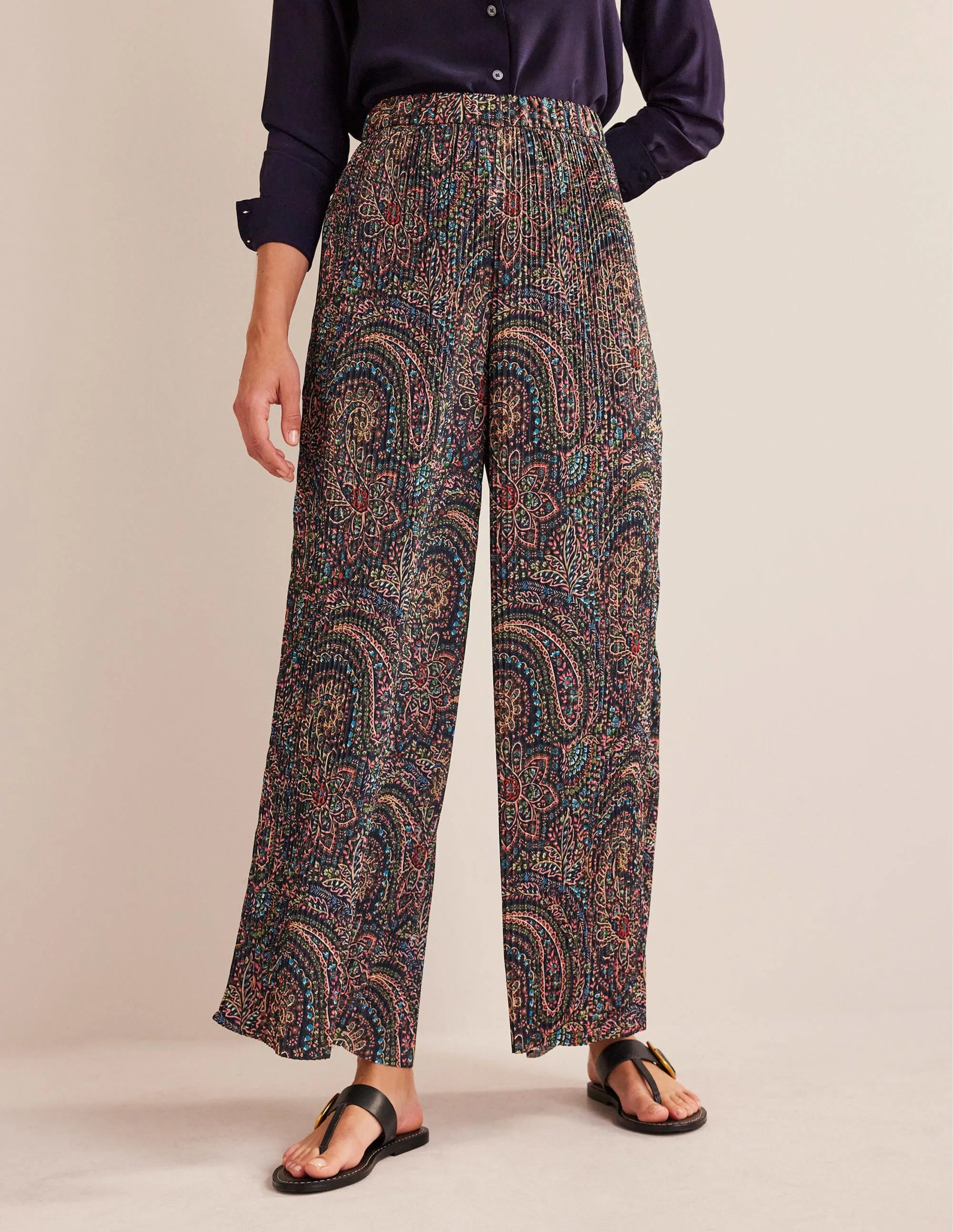 Plisse Satin Wide Leg Trousers-Light Navy, Palace