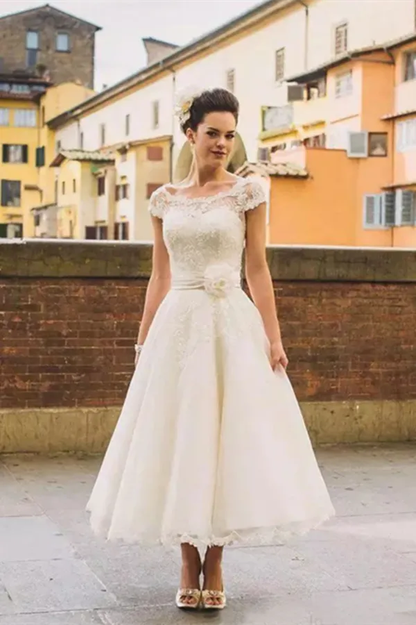 Promfast Chic Tea Length Wedding Dresses A line Scoop Lace Romantic Wedding Dress PFW0543