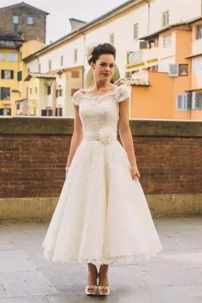 Promfast Chic Tea Length Wedding Dresses A line Scoop Lace Romantic Wedding Dress PFW0543