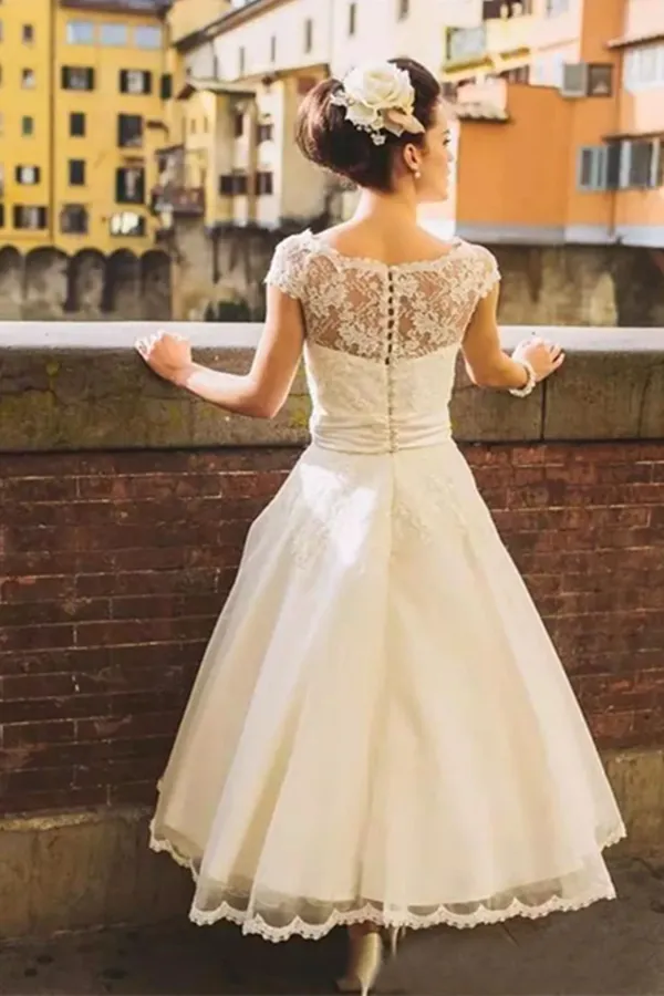 Promfast Chic Tea Length Wedding Dresses A line Scoop Lace Romantic Wedding Dress PFW0543