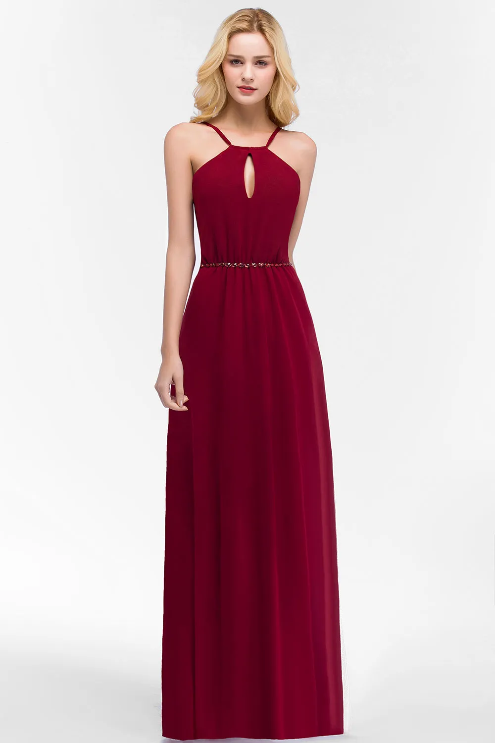 Simple A-Line Chiffon Spaghetti Straps Long Bridesmaid Dresses with Beading Sash