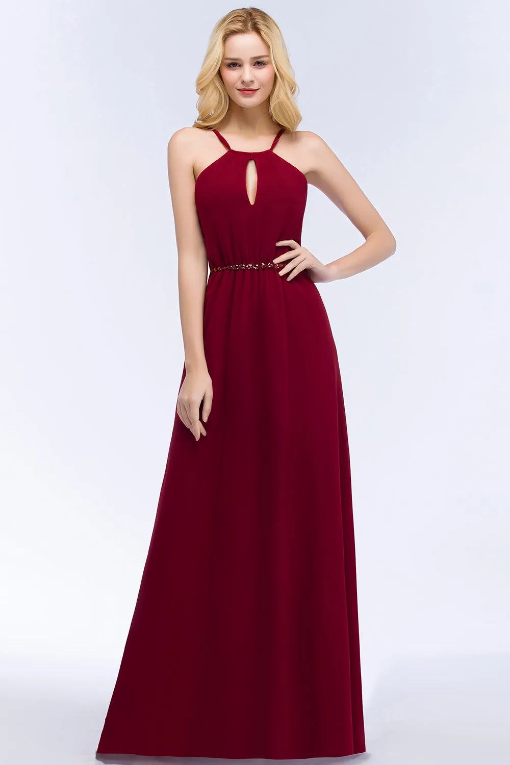 Simple A-Line Chiffon Spaghetti Straps Long Bridesmaid Dresses with Beading Sash