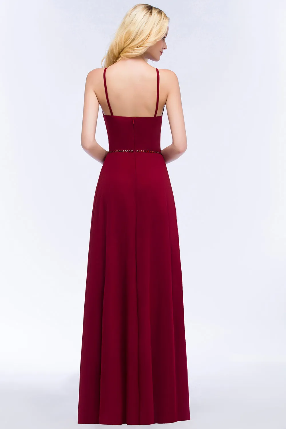 Simple A-Line Chiffon Spaghetti Straps Long Bridesmaid Dresses with Beading Sash