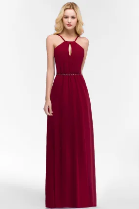 Simple A-Line Chiffon Spaghetti Straps Long Bridesmaid Dresses with Beading Sash