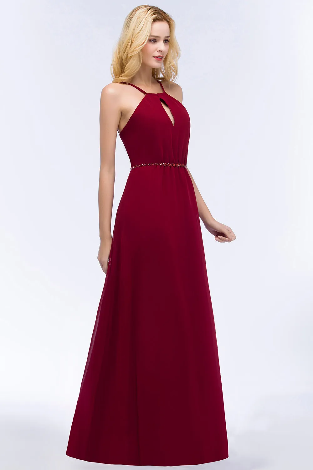 Simple A-Line Chiffon Spaghetti Straps Long Bridesmaid Dresses with Beading Sash