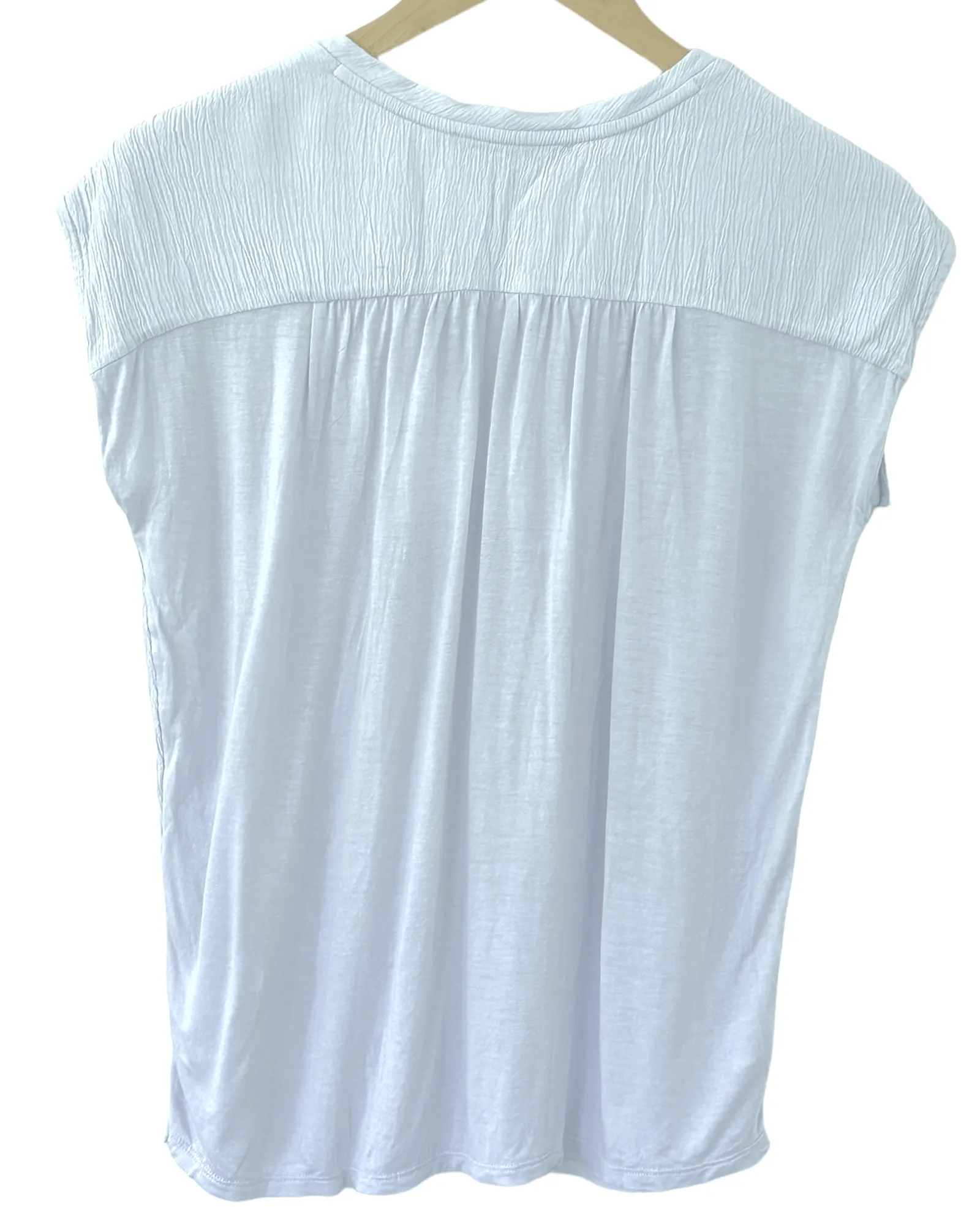 Soft Summer Mist Mixed Media Split-Neck Sleeveless Top