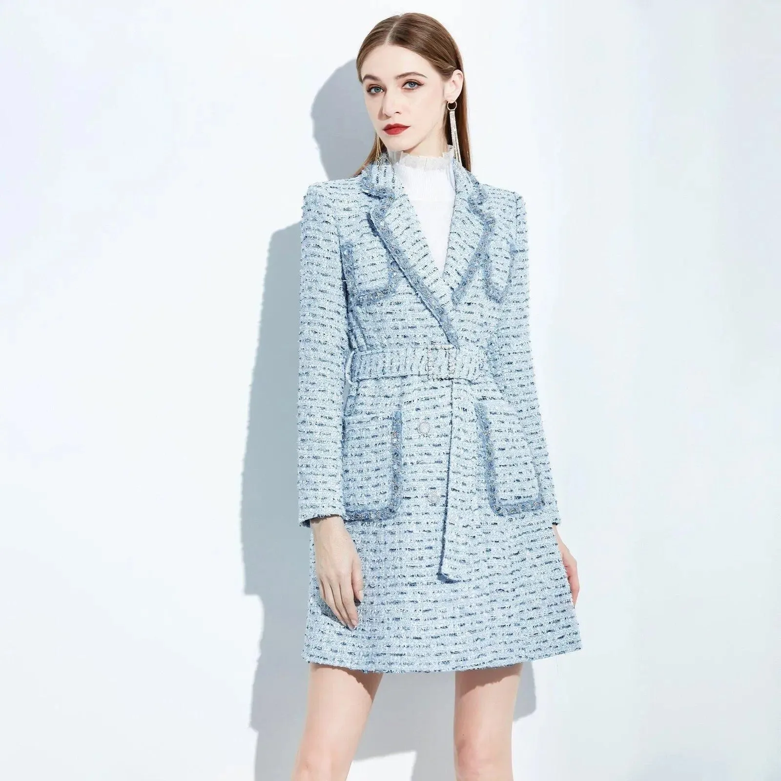 Utility Pocket Belted Thigh-Length Tweed Coat
