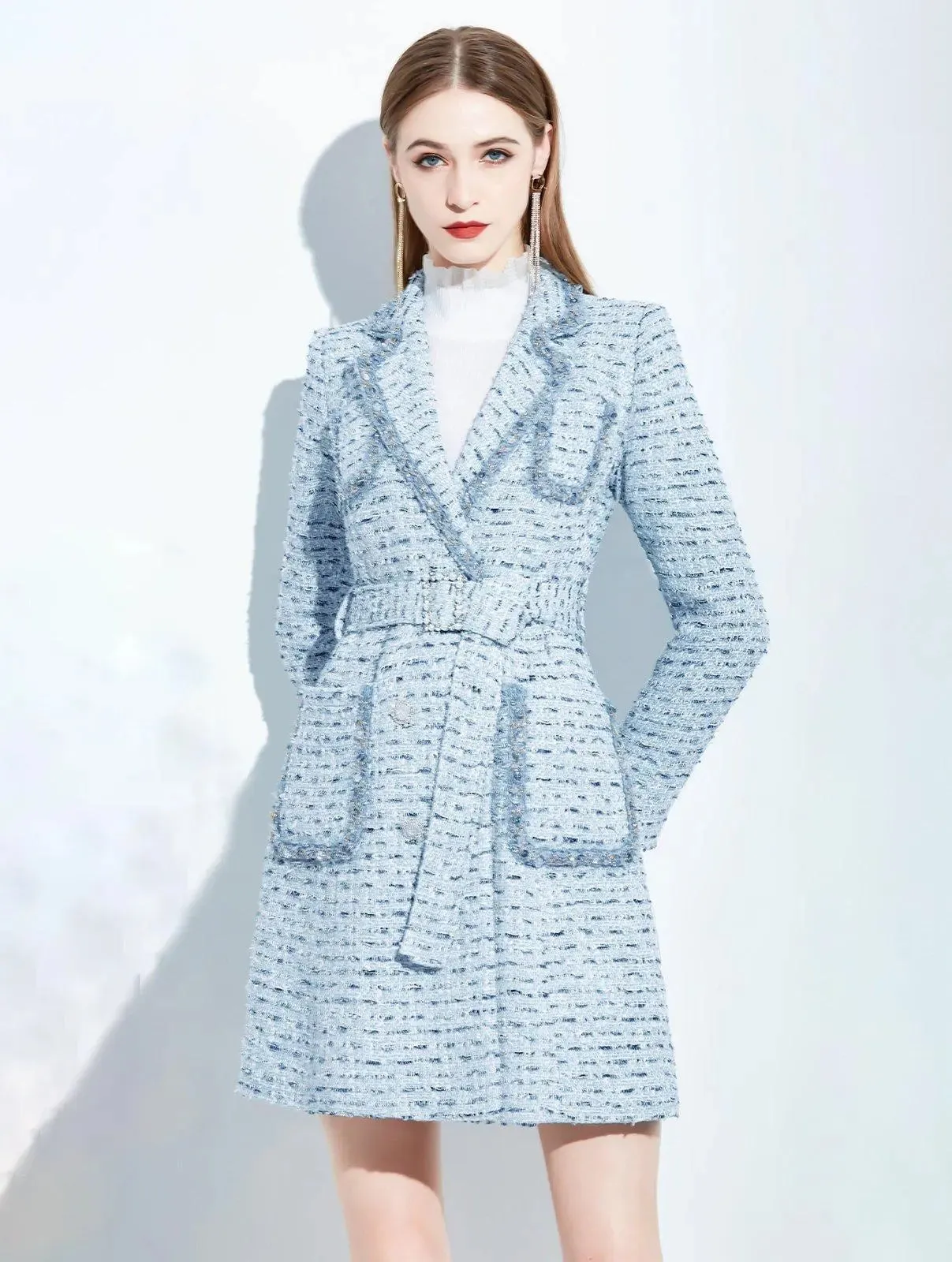 Utility Pocket Belted Thigh-Length Tweed Coat