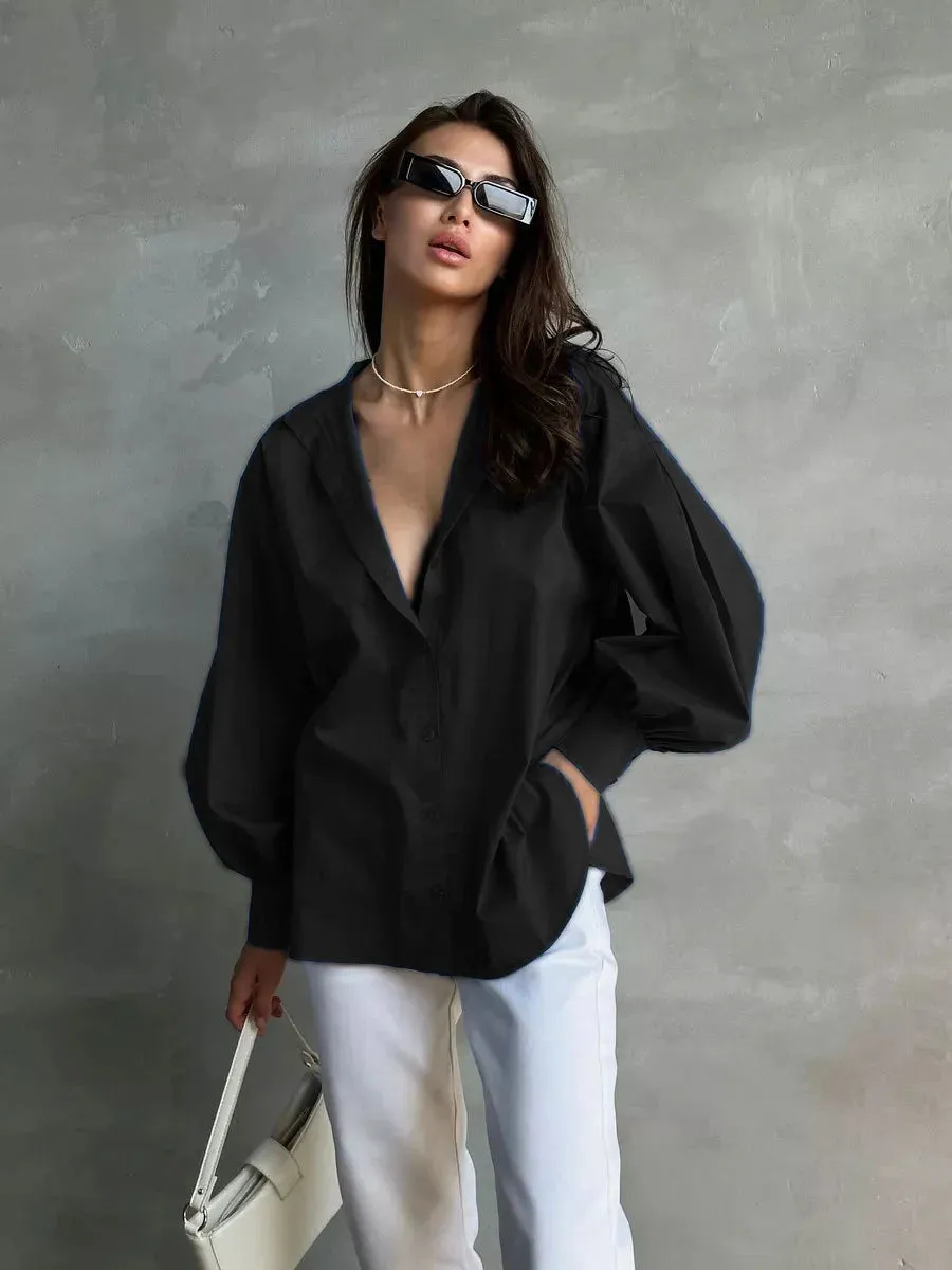 Versatile Round Neck Lantern Sleeve Shirt