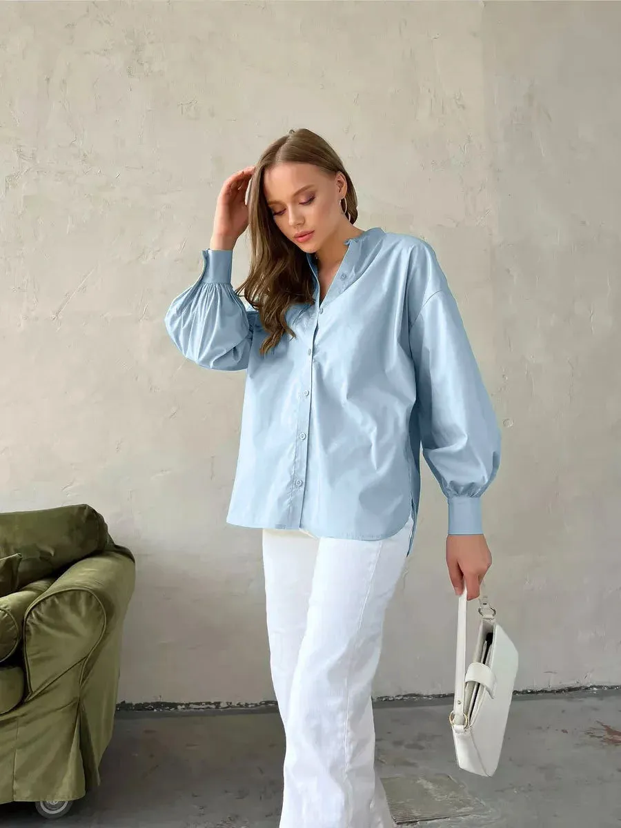 Versatile Round Neck Lantern Sleeve Shirt
