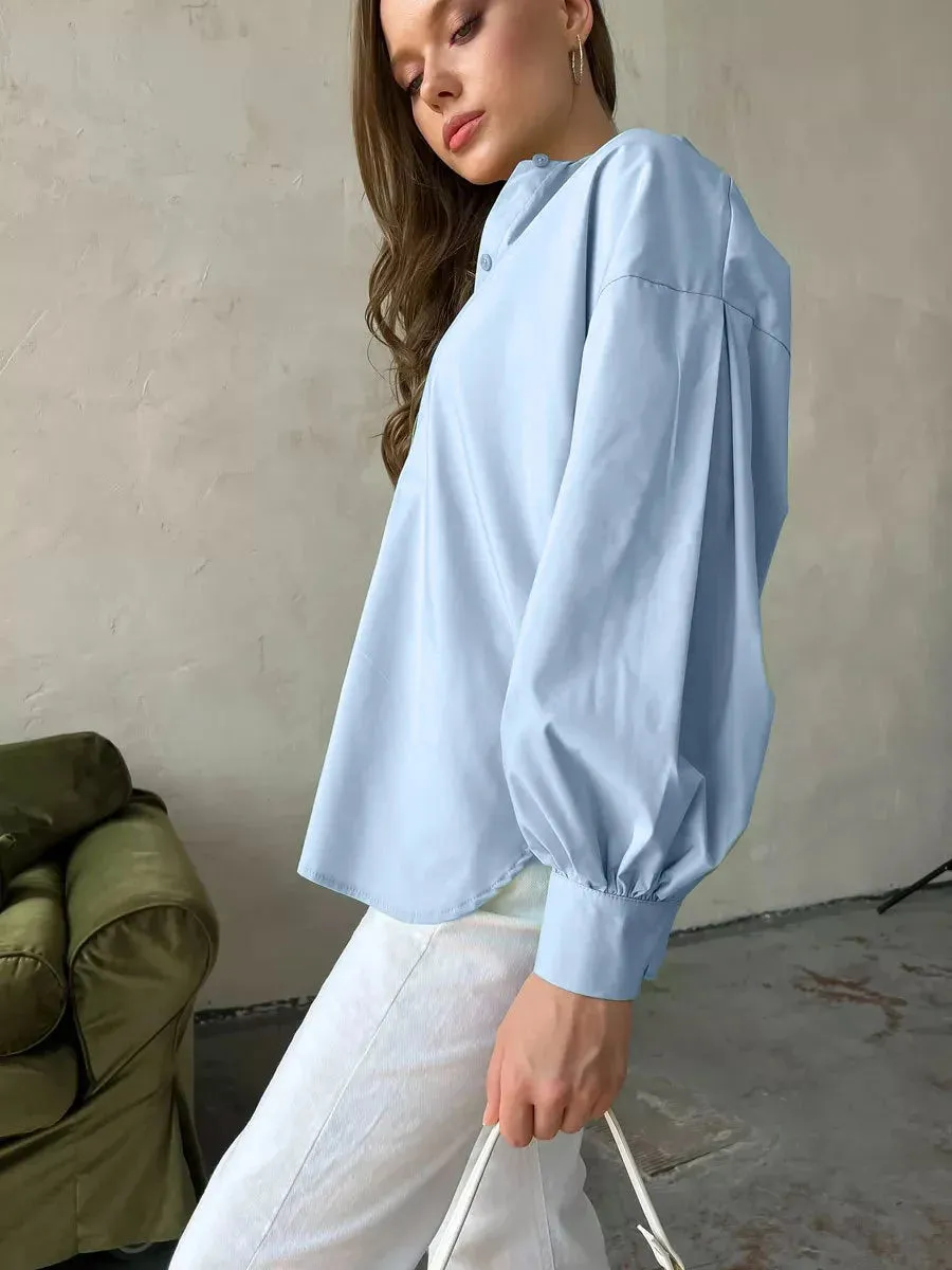 Versatile Round Neck Lantern Sleeve Shirt