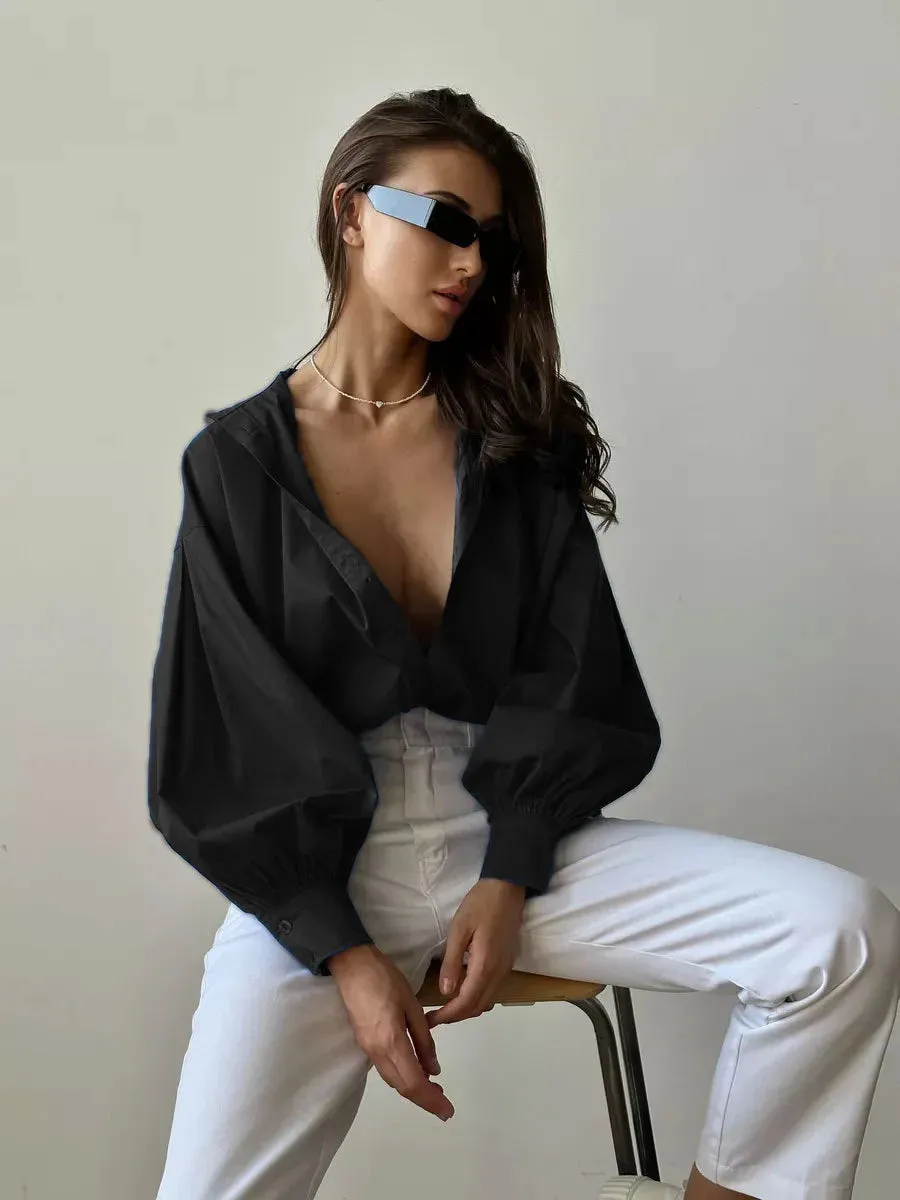 Versatile Round Neck Lantern Sleeve Shirt