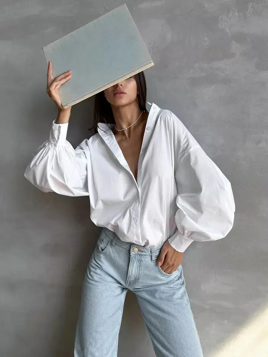 Versatile Round Neck Lantern Sleeve Shirt
