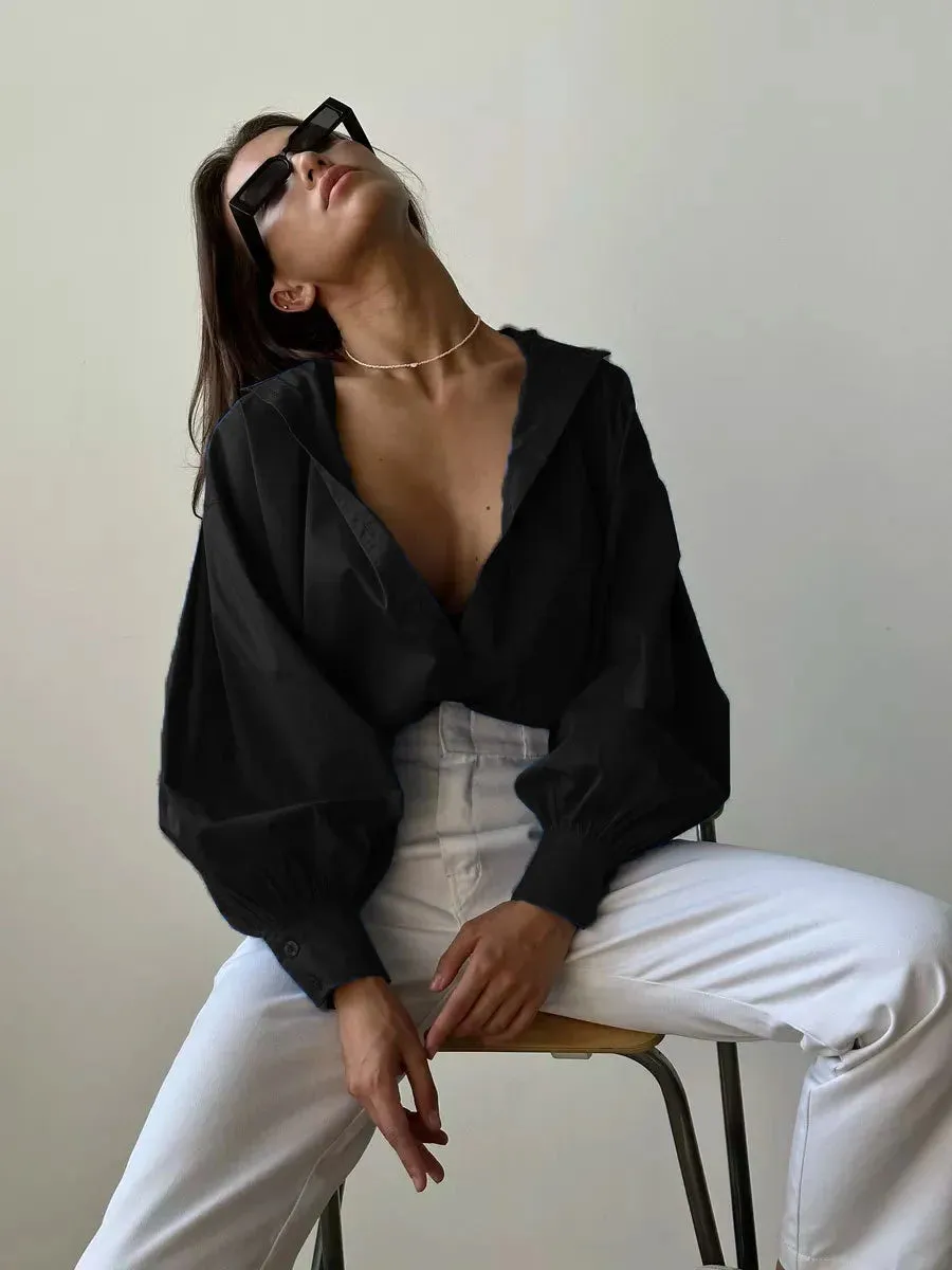 Versatile Round Neck Lantern Sleeve Shirt