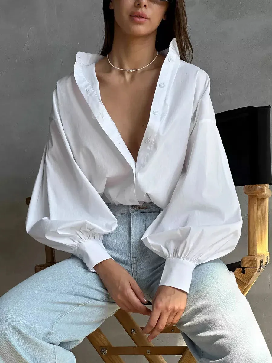 Versatile Round Neck Lantern Sleeve Shirt