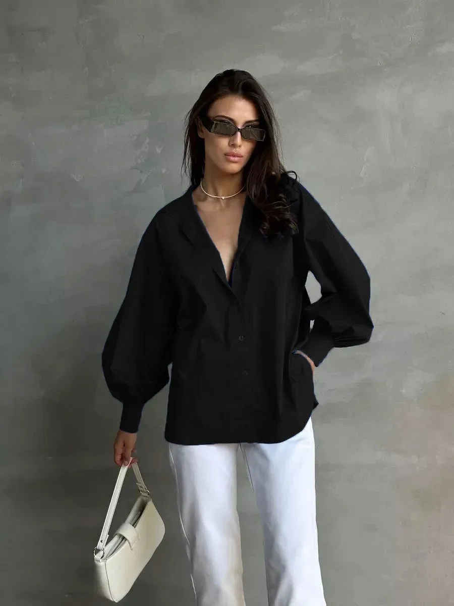 Versatile Round Neck Lantern Sleeve Shirt