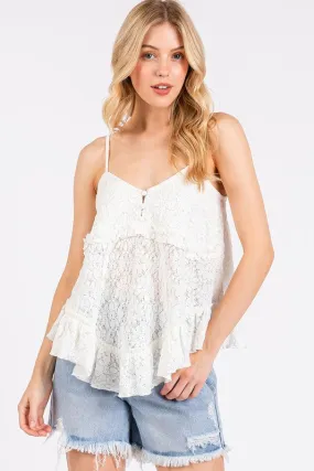 White Lace Ruffle Hem V-Neck Cami