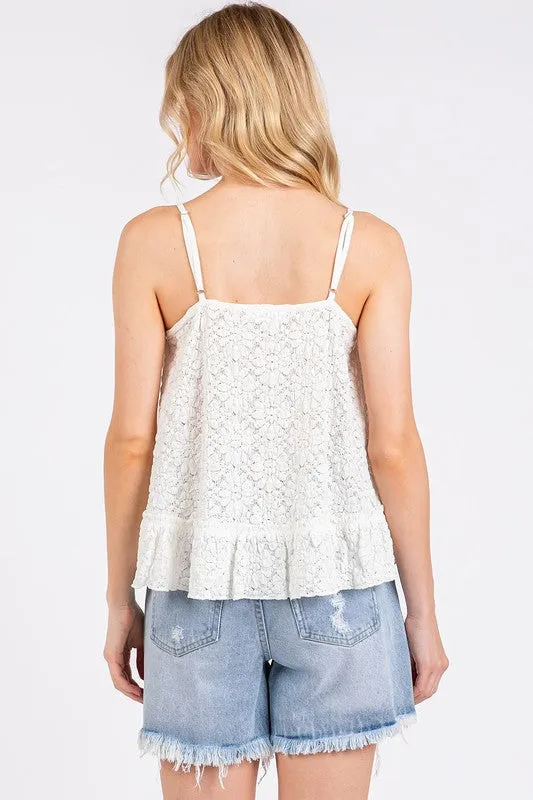 White Lace Ruffle Hem V-Neck Cami