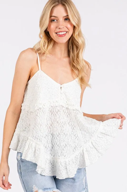 White Lace Ruffle Hem V-Neck Cami
