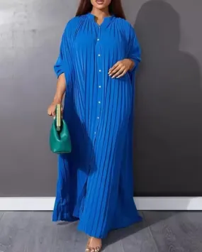 Women's Casual Pleated Maxi Dress, Button Design, European and Youth Women's Clothing, Summer Elegant Dresses, Women's Fashion   B75449
