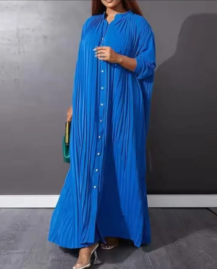 Women's Casual Pleated Maxi Dress, Button Design, European and Youth Women's Clothing, Summer Elegant Dresses, Women's Fashion   B75449