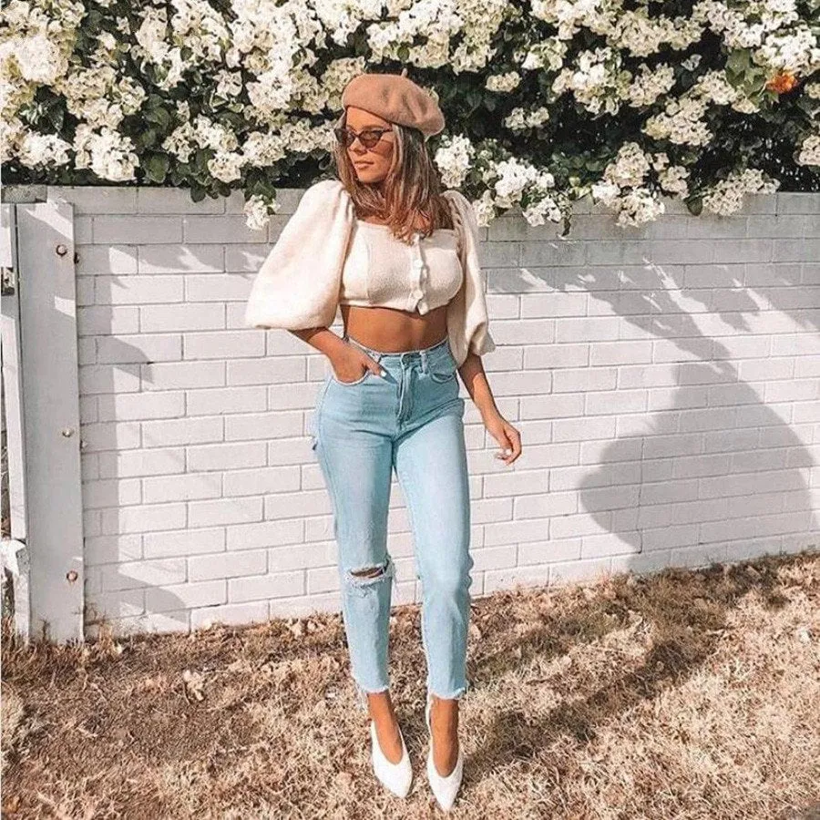 Women's Solid Soft Elastic Knitted Crop Top