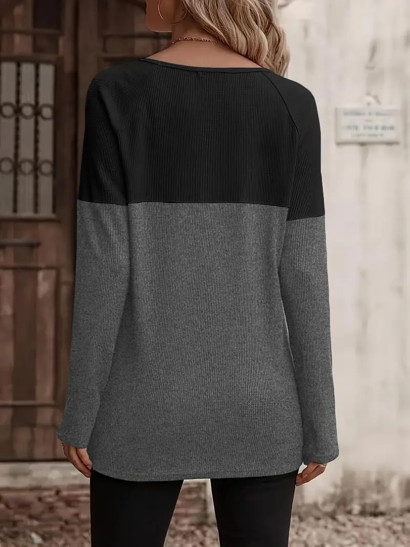 Zeagoo Women Waffle Knit Shirts Long Sleeve Colorblock Tee