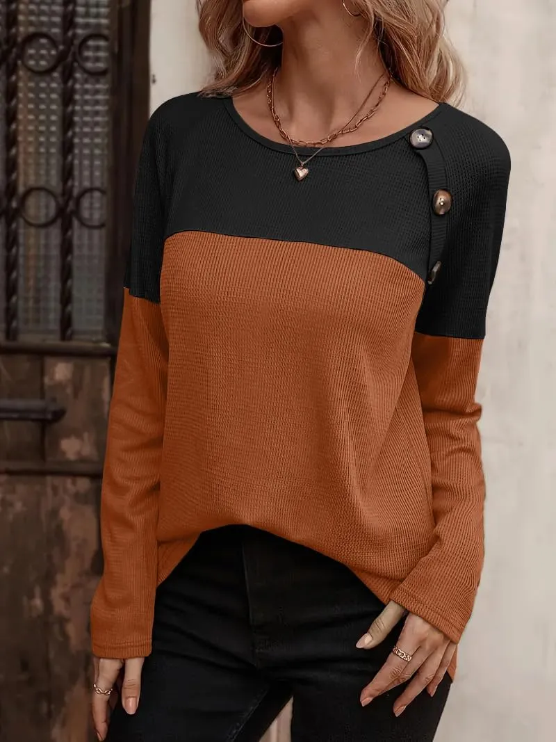 Zeagoo Women Waffle Knit Shirts Long Sleeve Colorblock Tee