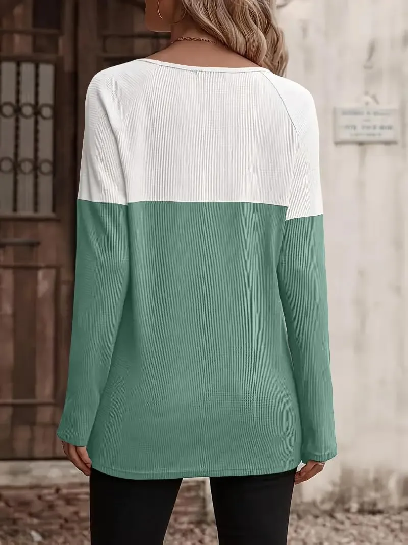 Zeagoo Women Waffle Knit Shirts Long Sleeve Colorblock Tee