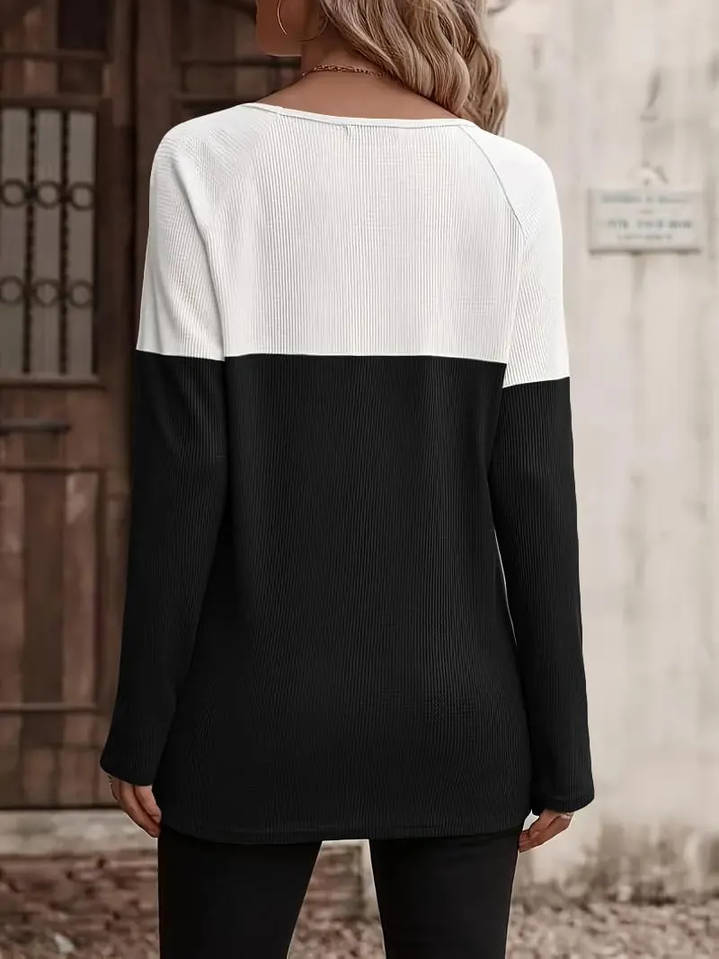 Zeagoo Women Waffle Knit Shirts Long Sleeve Colorblock Tee