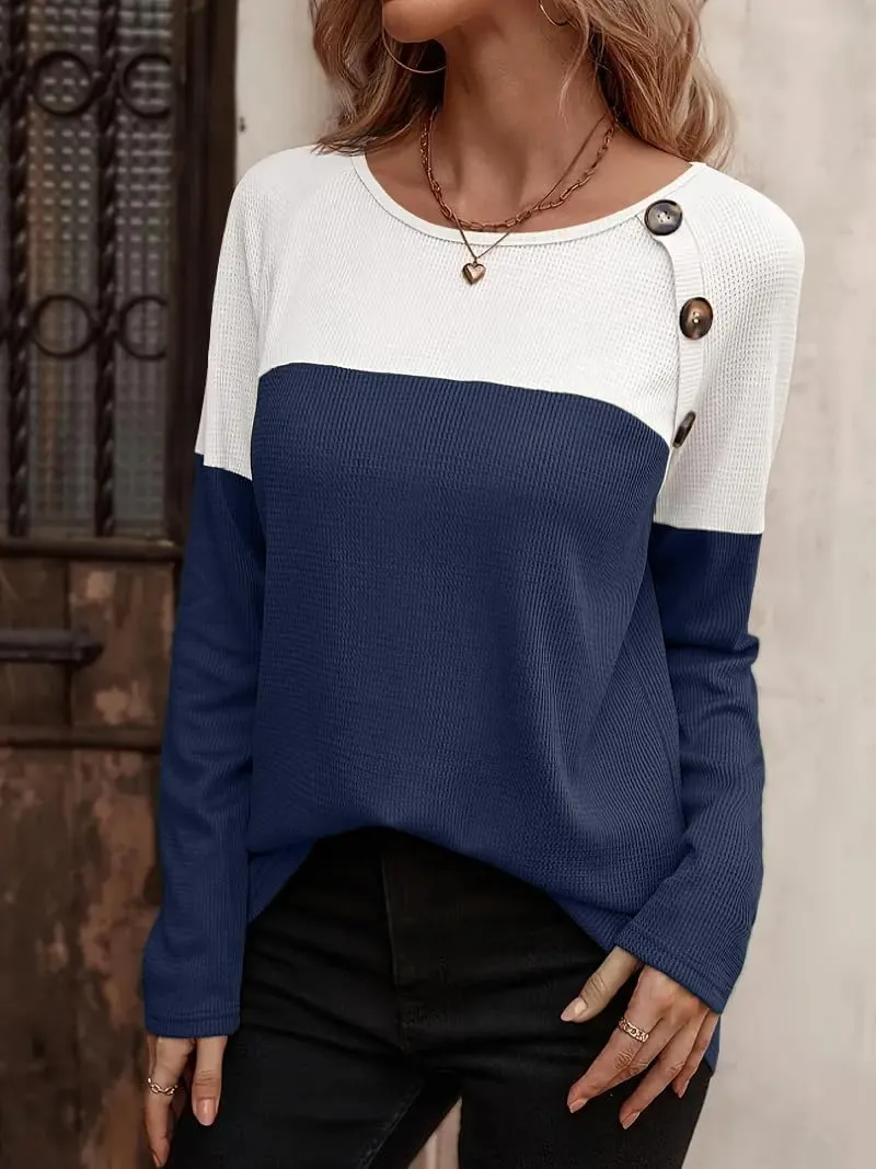 Zeagoo Women Waffle Knit Shirts Long Sleeve Colorblock Tee